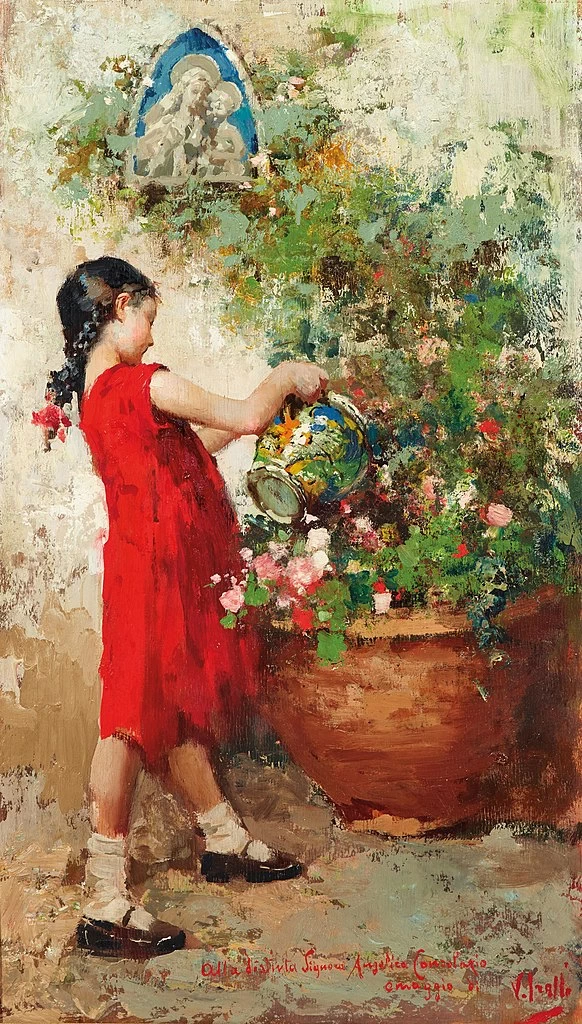 Ragazza che innaffia i fiori
